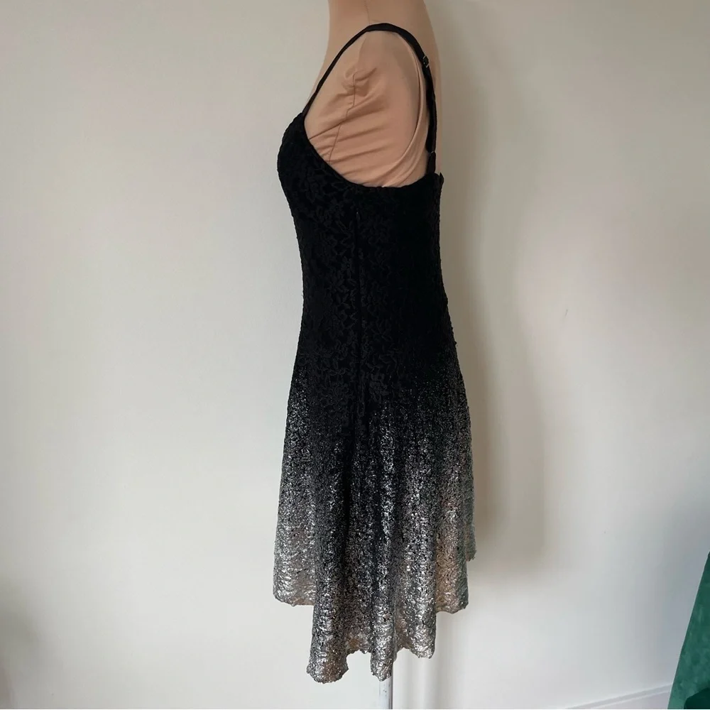 Free People Foil Black Silver Metallic Lace Ombre Fit & Flare Mini Dress EUC S